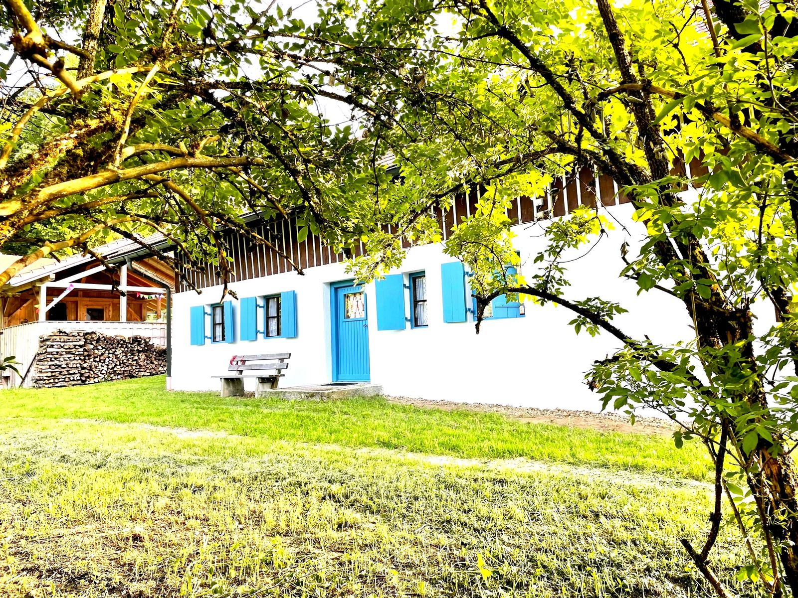 Bauernhaus Eckhütt Eins — Front durch einen Baum gerahmt